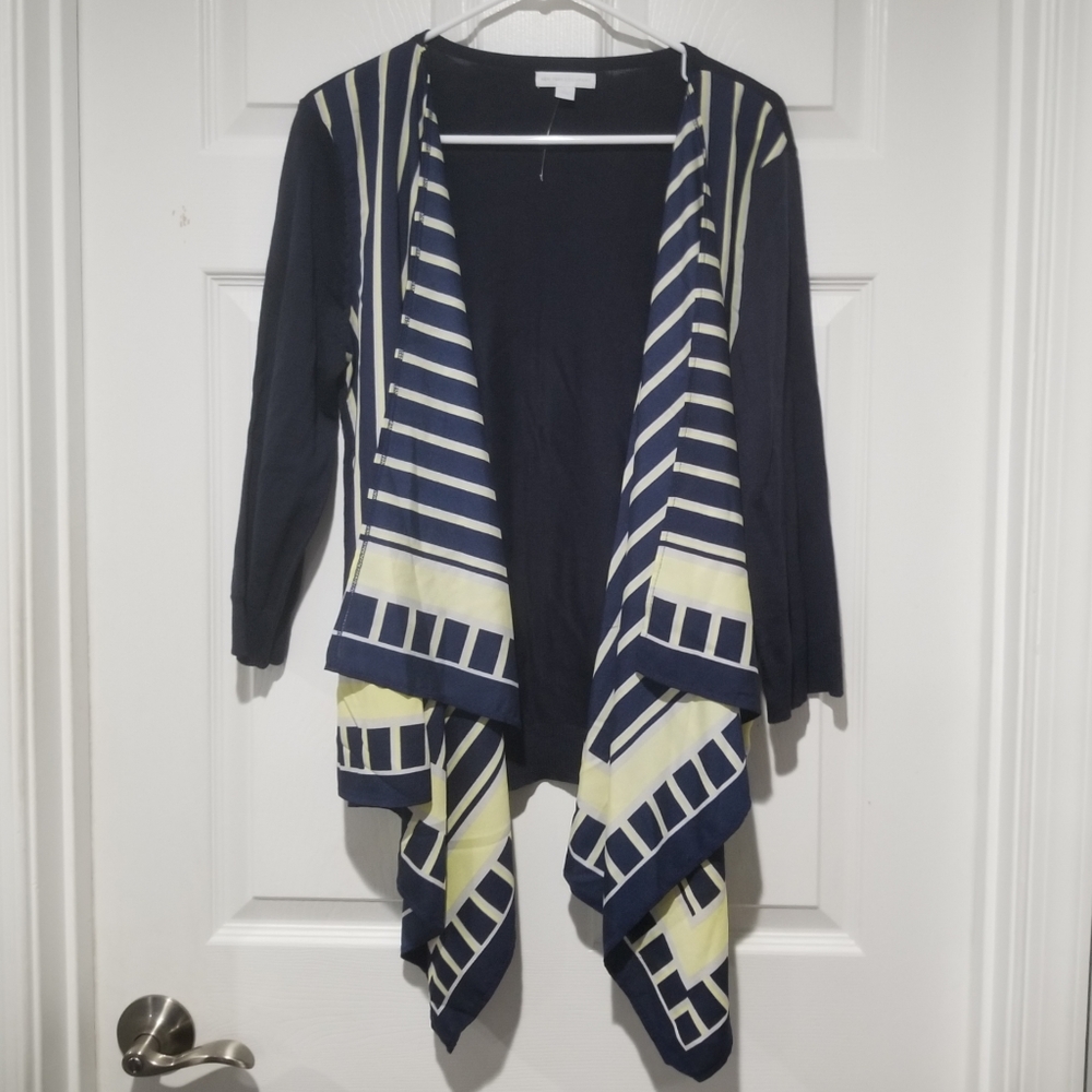 New York & Company Striped Geometric Print Scarf Waterfall Blue Navy Cardigan
